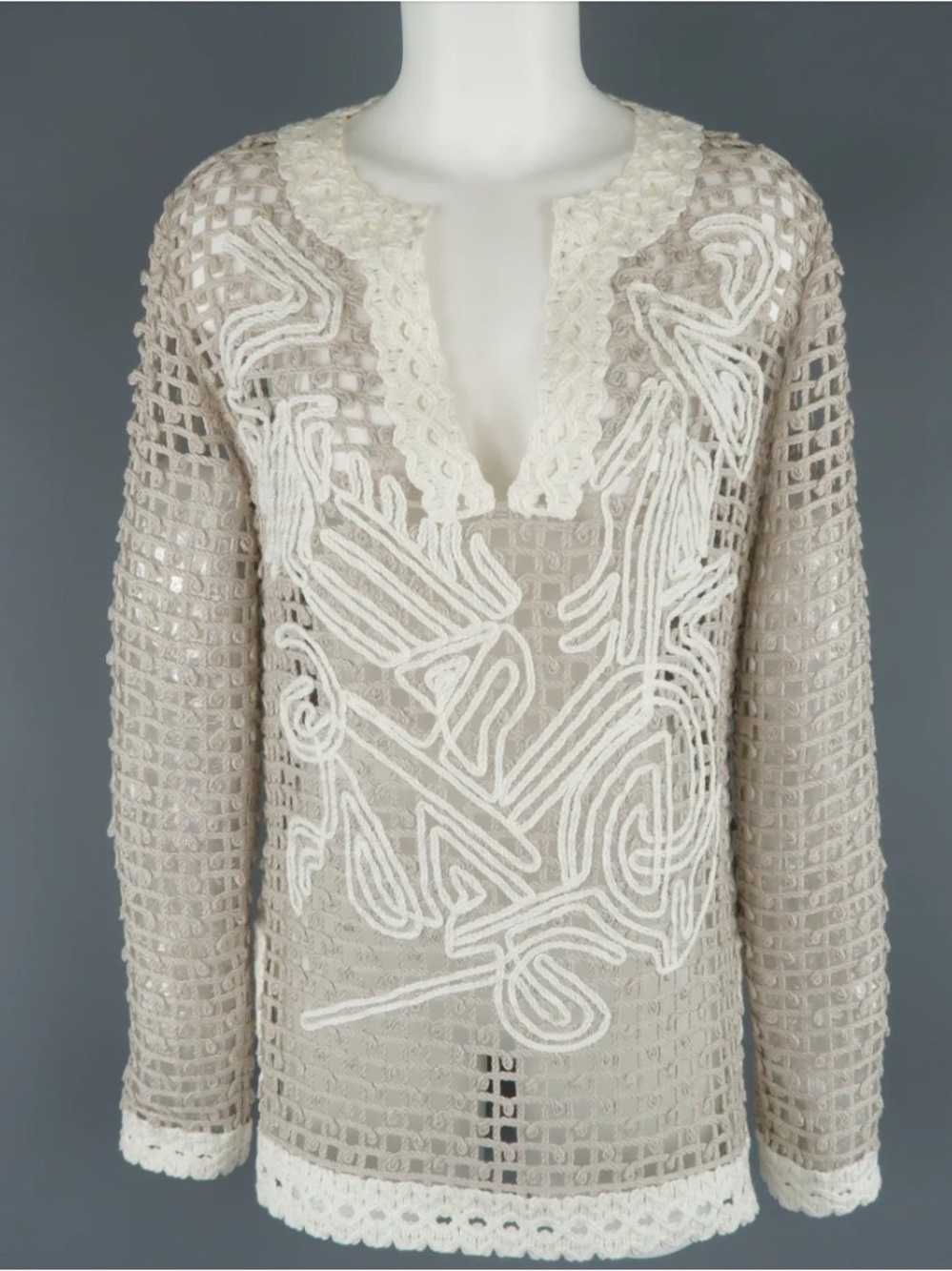 OSCAR DE LA RENTA Taupe & Cream Cotton Crochet Knit Tunic Pullover Women XS